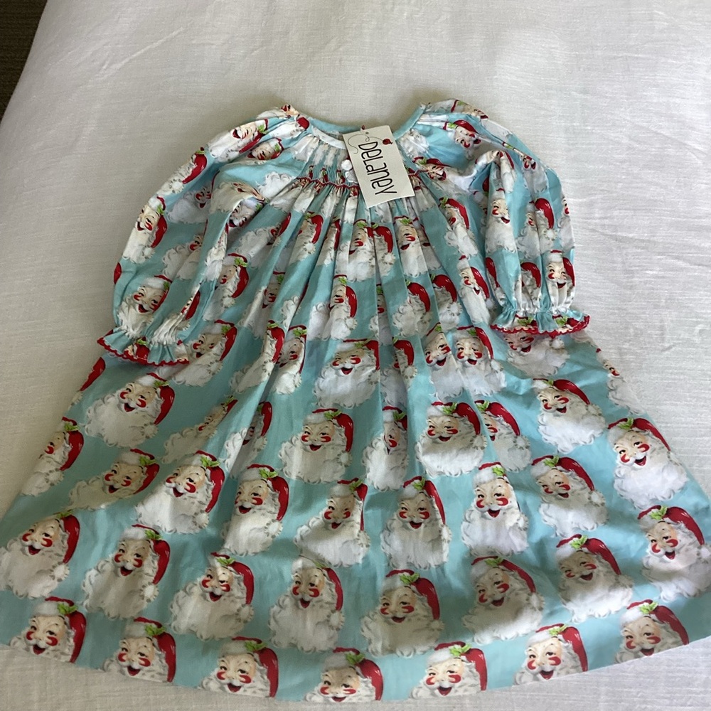 Delaney Holiday Dress Girls 9M Blue Santa Claus Smocked Embroidered Long NWT
